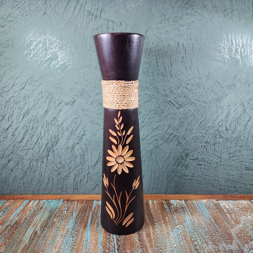 Carved Wood Boho Vase Floral Design With Jute Accent Rustic Natural Home Decor